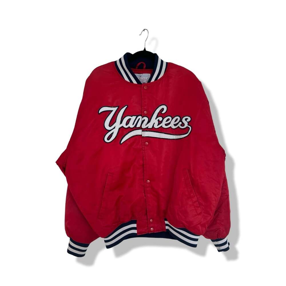 Vintage 90s New York Yankees Starter Red Satin Bomber Jacket Size XL